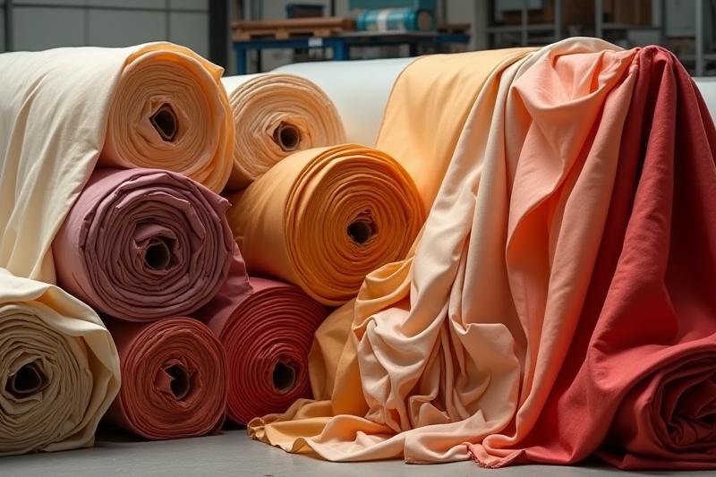 Große Rollen von verschiedenen Seidenstoffen in einer Textilmanufaktur, bereit für den Verkauf.