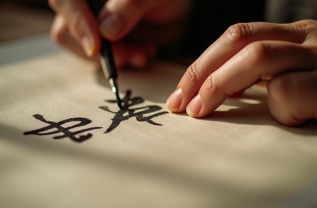 Ein Kalligraph, der sorgfältig auf Seidenstoff schreibt, Fokus auf die Hand und die filigranen Pinselstriche